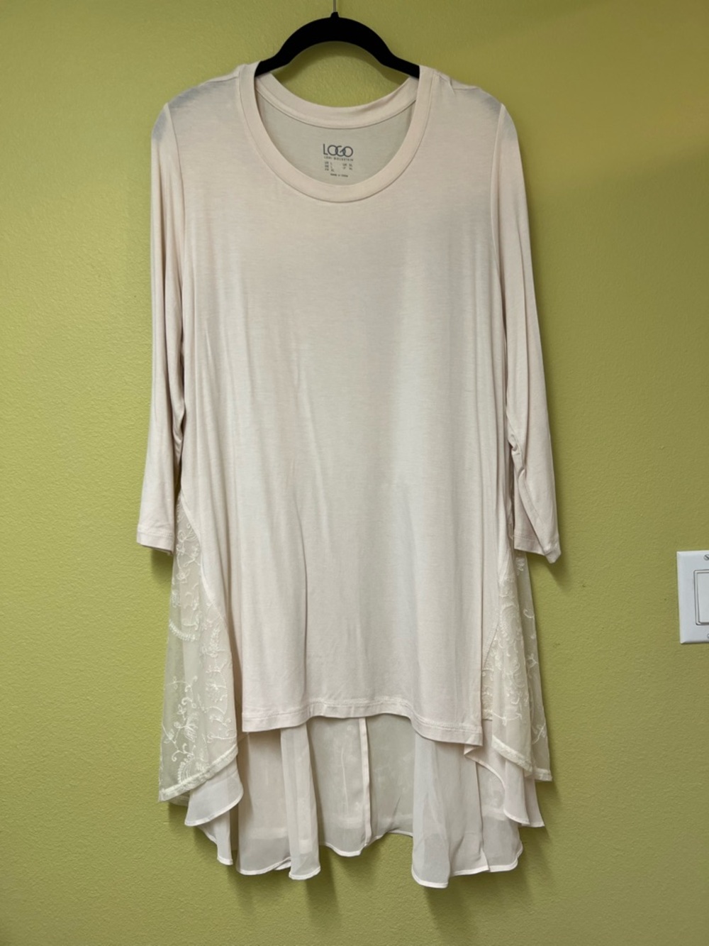 LOGO by Lori Goldstein Cream Layered Knit Tunic with Chiffon Hem